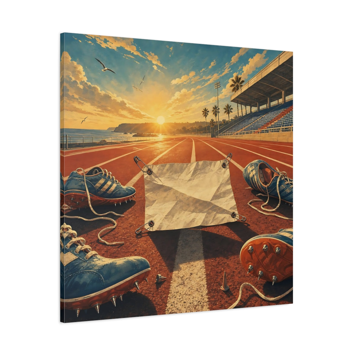 Side Mockup 1. Sports Running Track Orange And Blue shown as canvas print