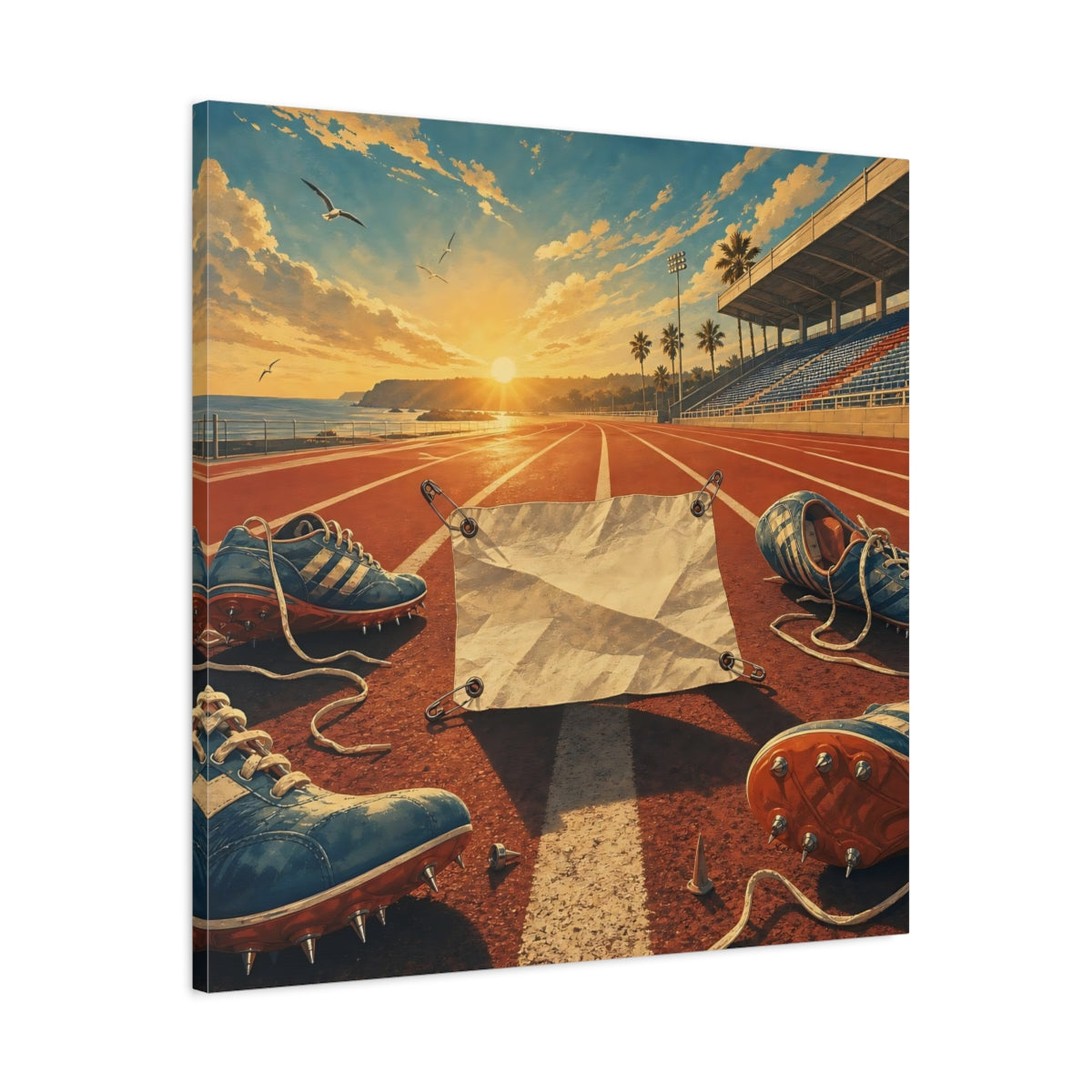 Side Mockup 3. Sports Running Track Orange And Blue shown as canvas print