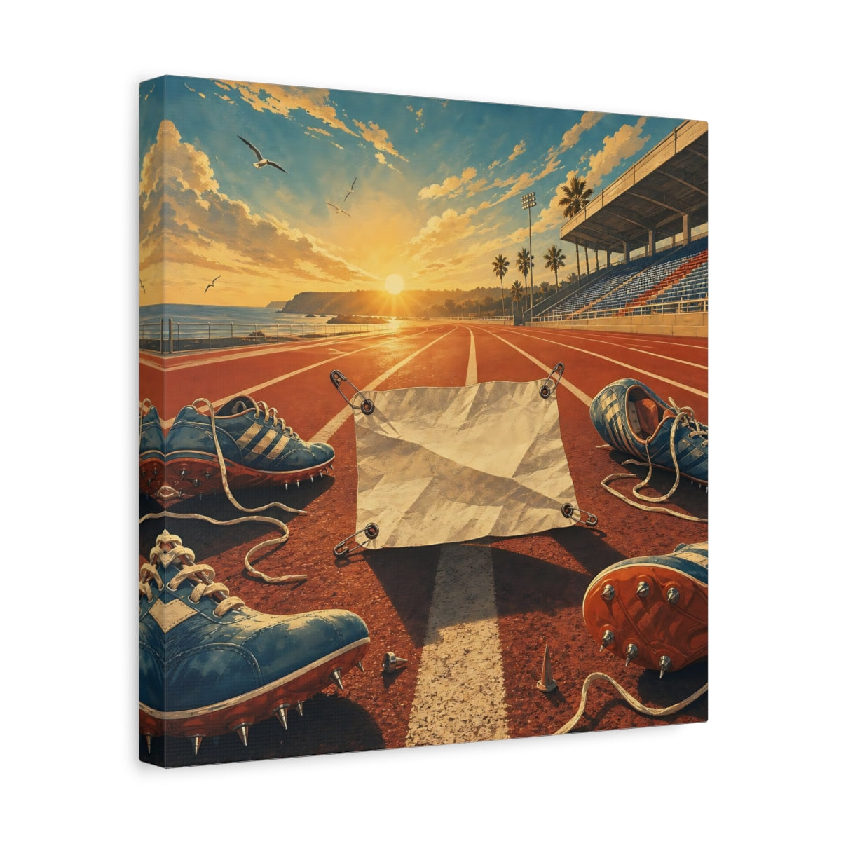 Side Mockup 7. Sports Running Track Orange And Blue shown as canvas print
