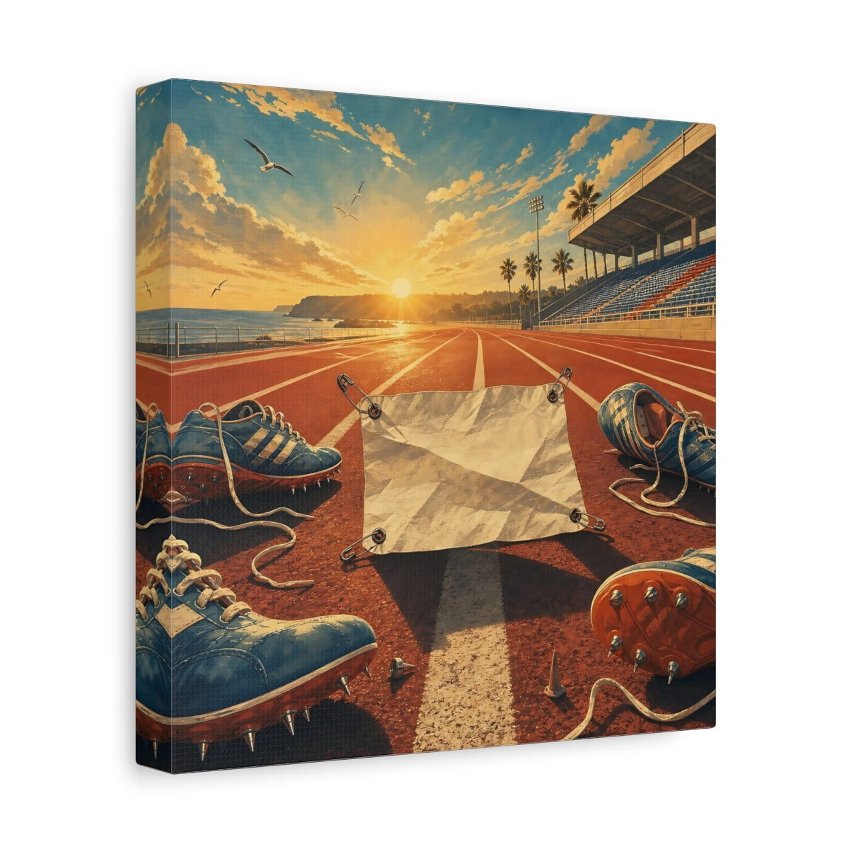 Side Mockup 9. Sports Running Track Orange And Blue shown as canvas print