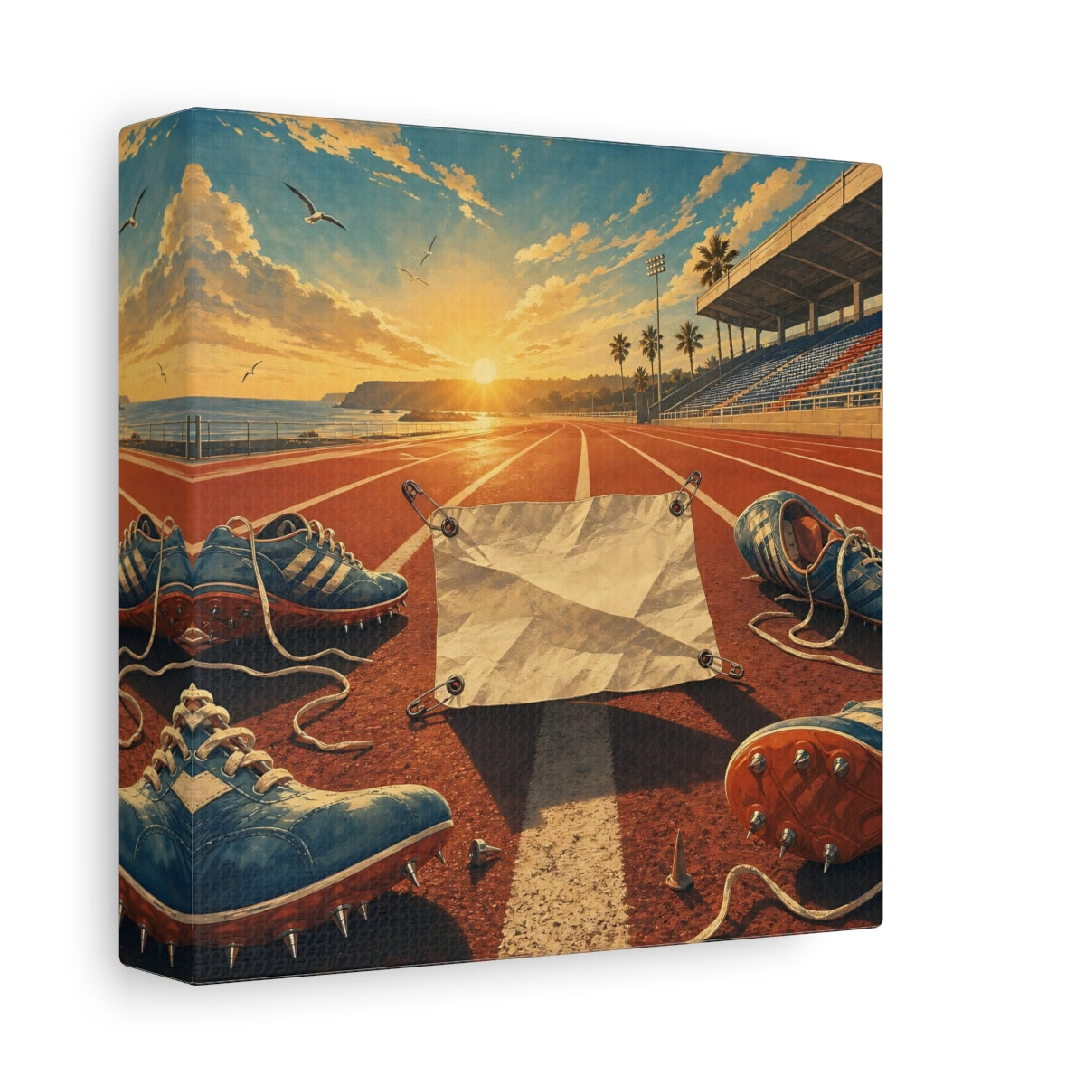 Side Mockup 2. Sports Running Track Orange And Blue shown as canvas print