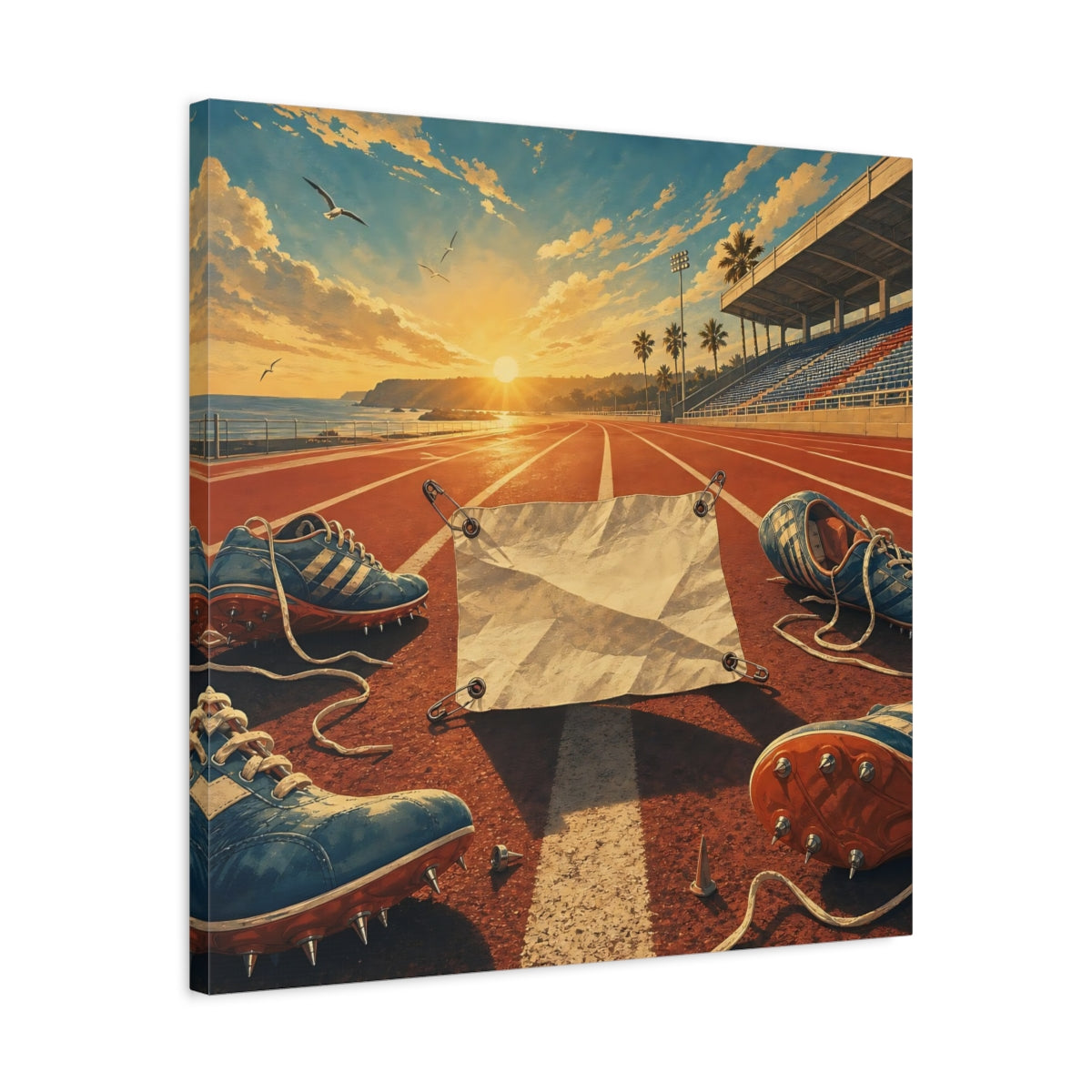 Side Mockup 4. Sports Running Track Orange And Blue shown as canvas print