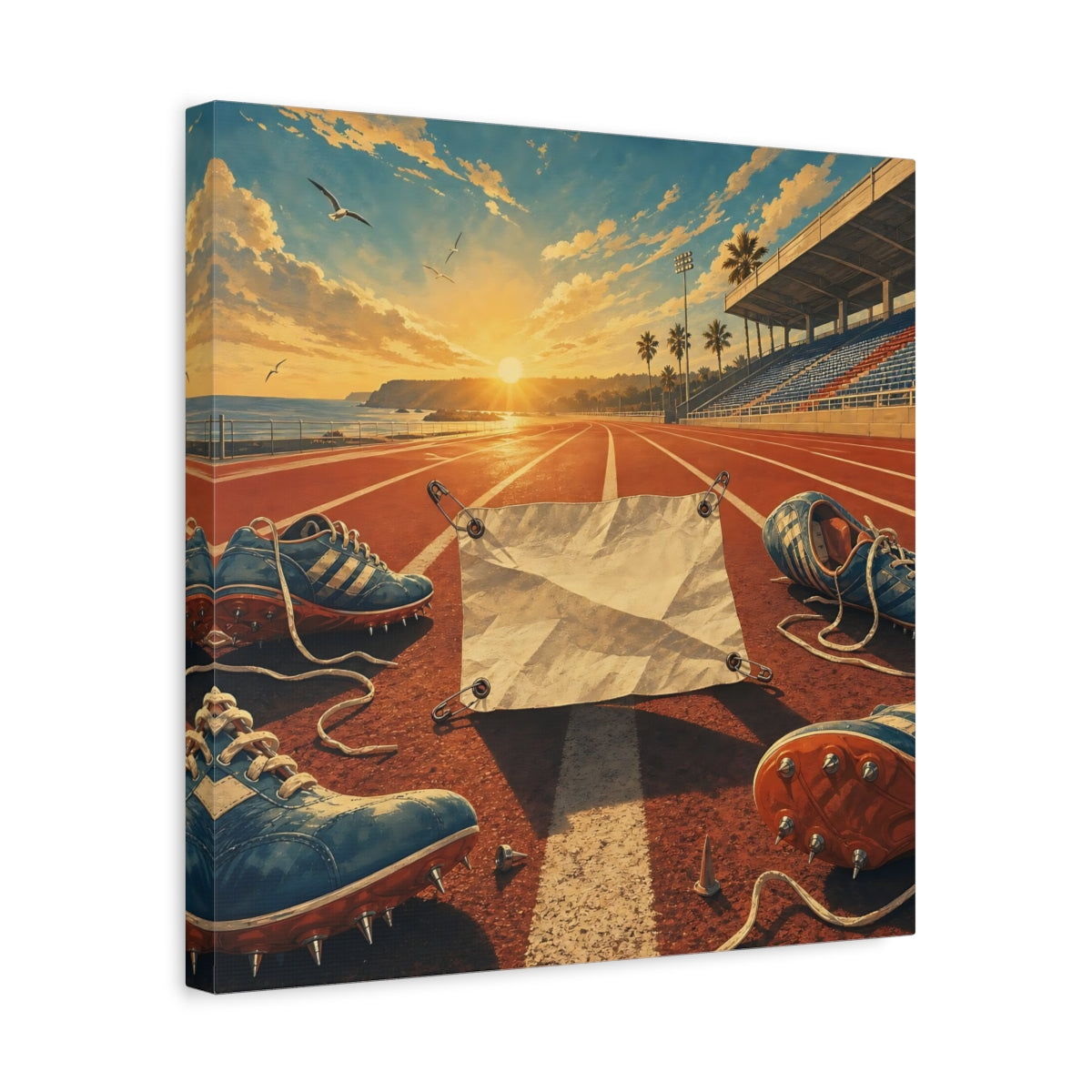 Side Mockup 6. Sports Running Track Orange And Blue shown as canvas print