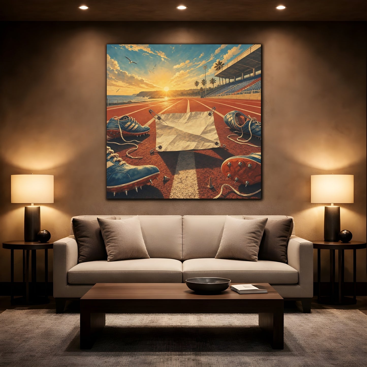 Mockup 2. Sports Running Track Orange And Blue shown as canvas print