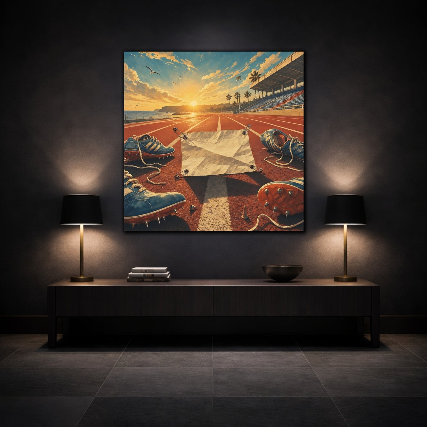 Mockup 3. Sports Running Track Orange And Blue shown as canvas print