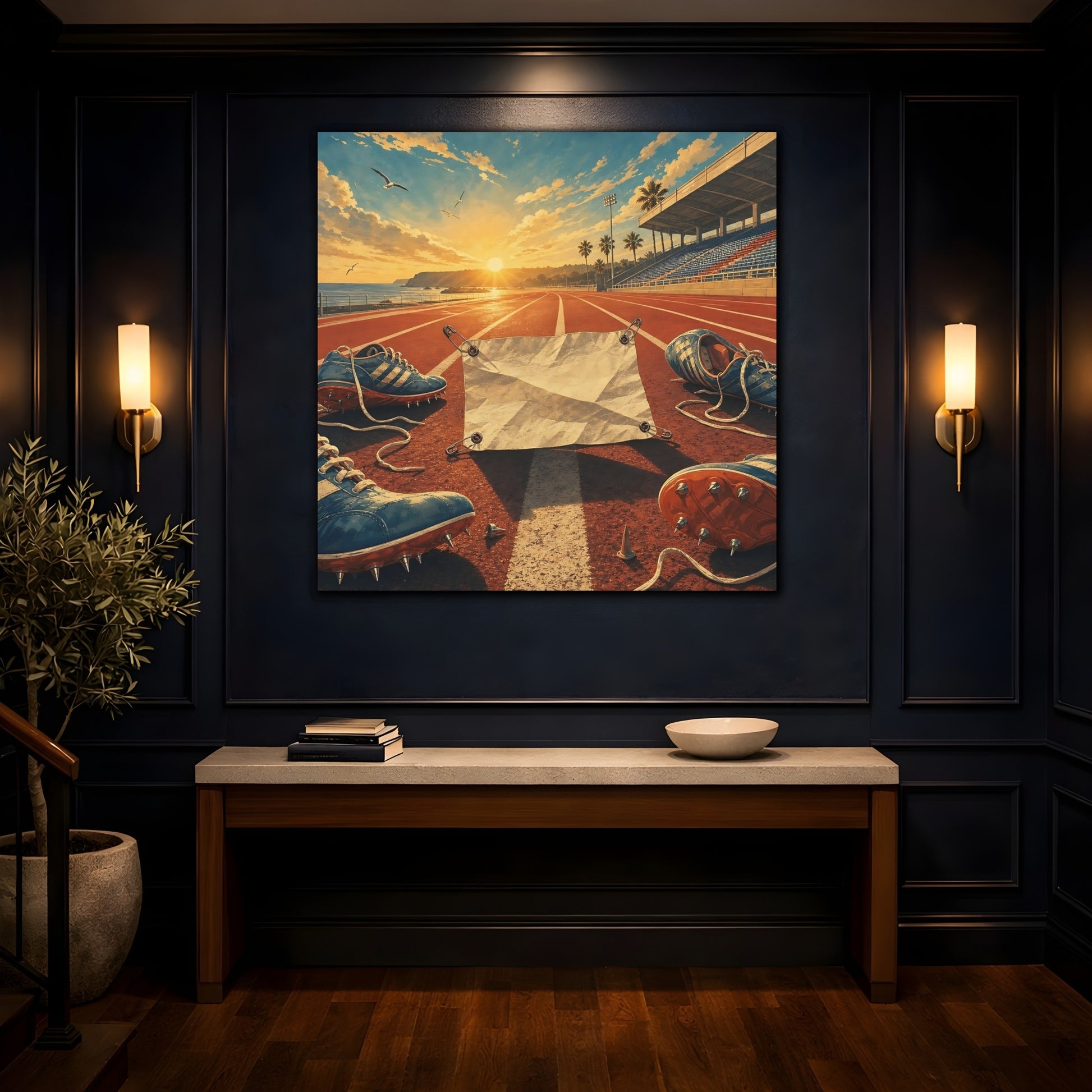 Mockup 4. Sports Running Track Orange And Blue shown as canvas print