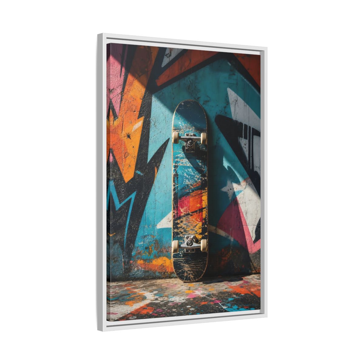 Side Mockup 10. Sports Skateboard Colorful Skateboard shown as framed canvas print