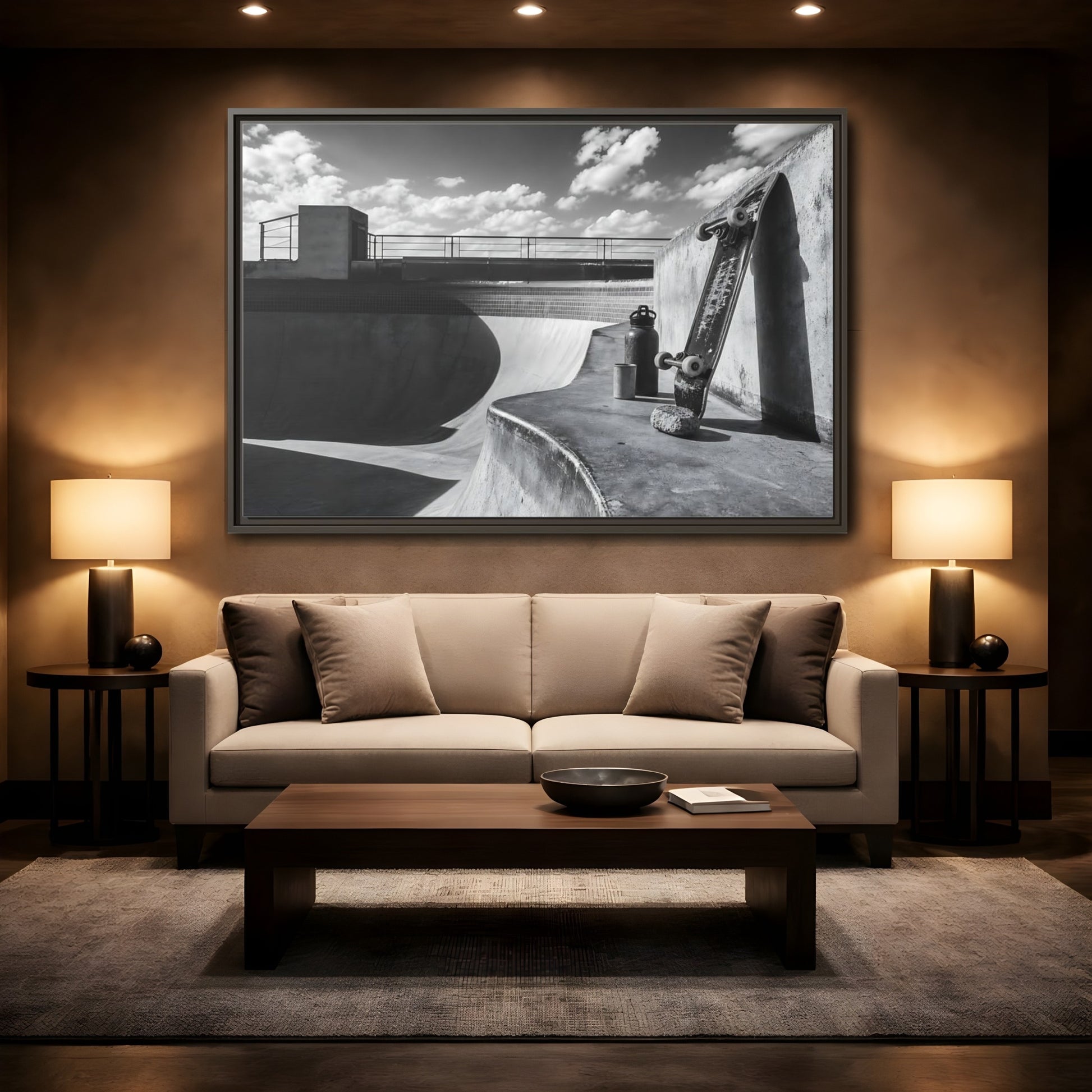 Mockup 2. Sports Skateboard Monochrome Skateboard Park shown as framed canvas print
