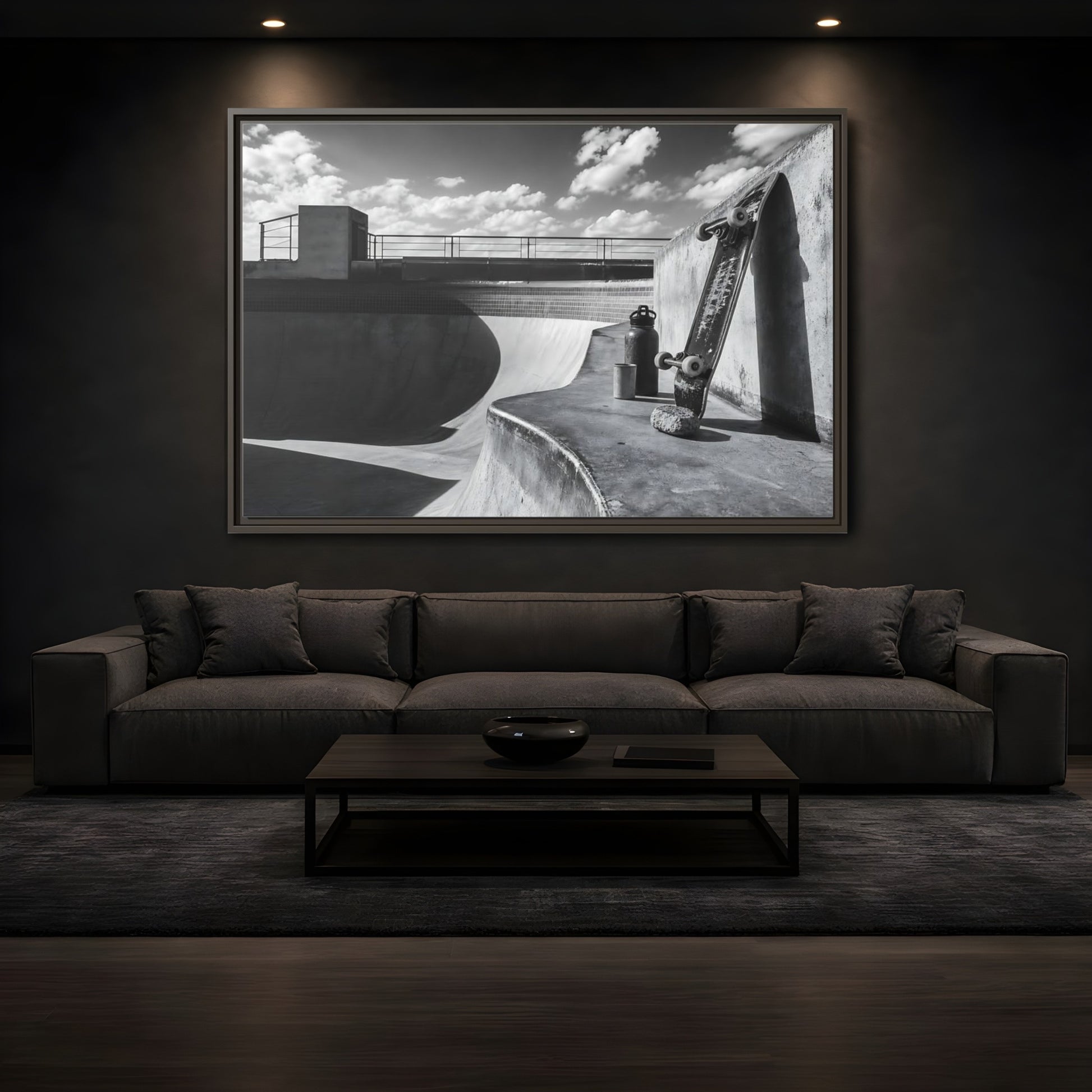 Mockup 3. Sports Skateboard Monochrome Skateboard Park shown as framed canvas print