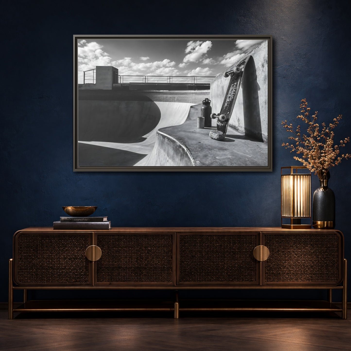 Mockup 4. Sports Skateboard Monochrome Skateboard Park shown as framed canvas print