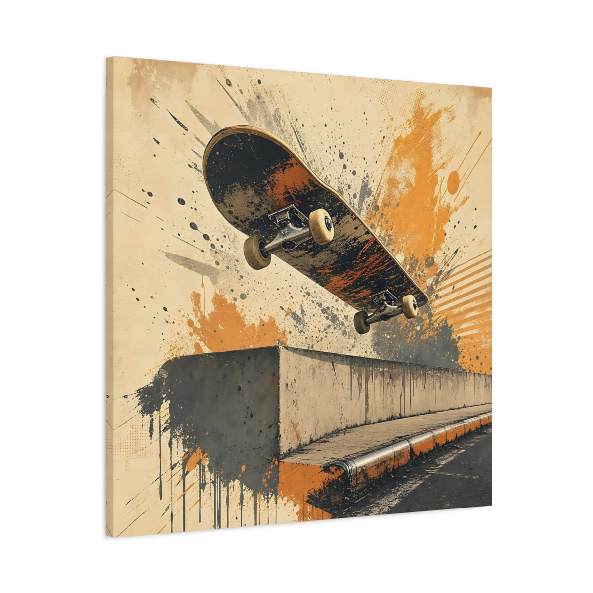Main Mockup. Sports Skateboard Orange And Black shown as canvas print