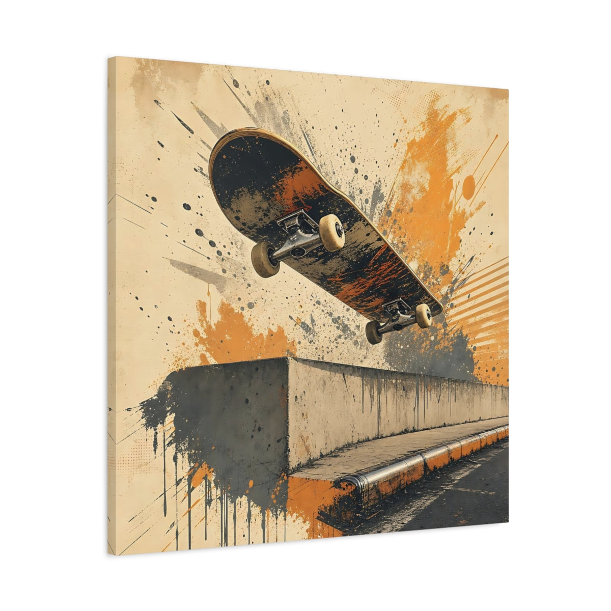 Side Mockup 3. Sports Skateboard Orange And Black shown as canvas print