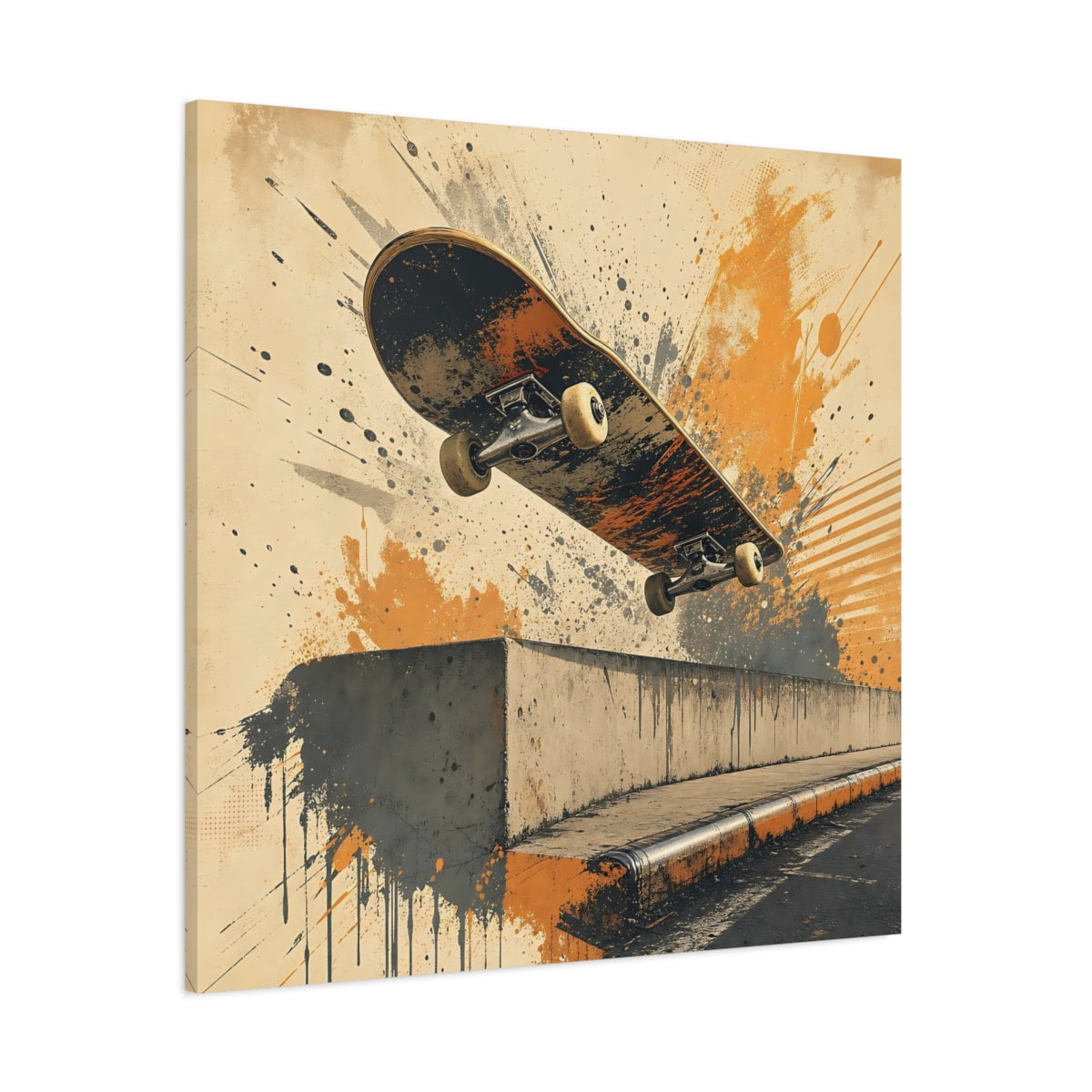 Side Mockup 1. Sports Skateboard Orange And Black shown as canvas print