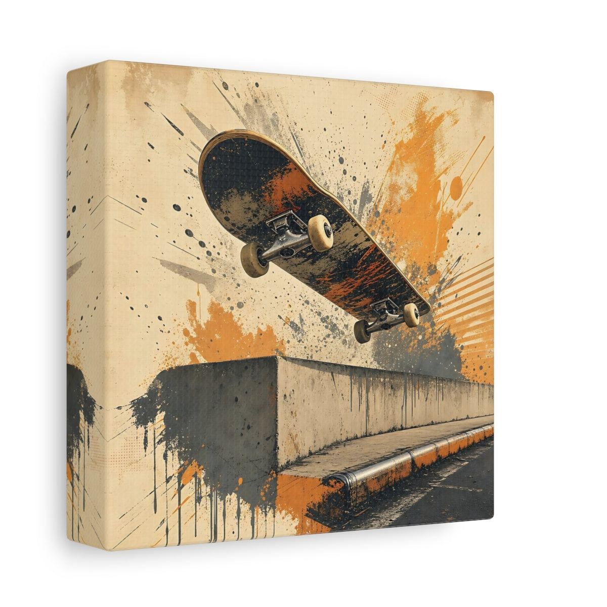 Side Mockup 2. Sports Skateboard Orange And Black shown as canvas print