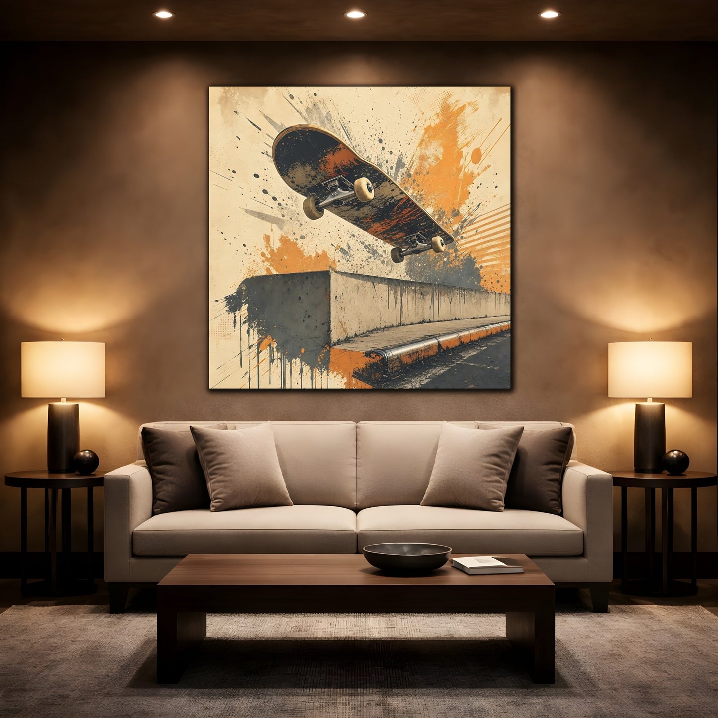 Mockup 2. Sports Skateboard Orange And Black shown as canvas print