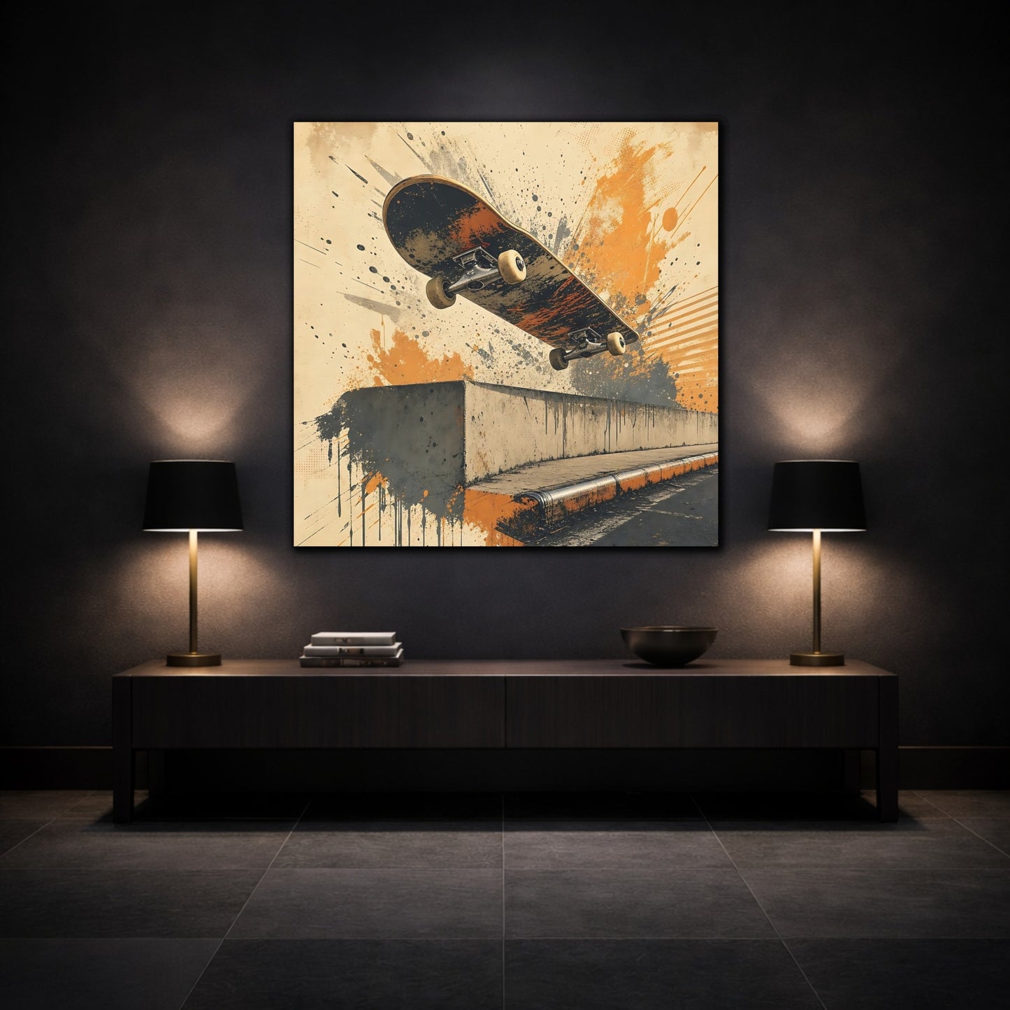 Mockup 3. Sports Skateboard Orange And Black shown as canvas print