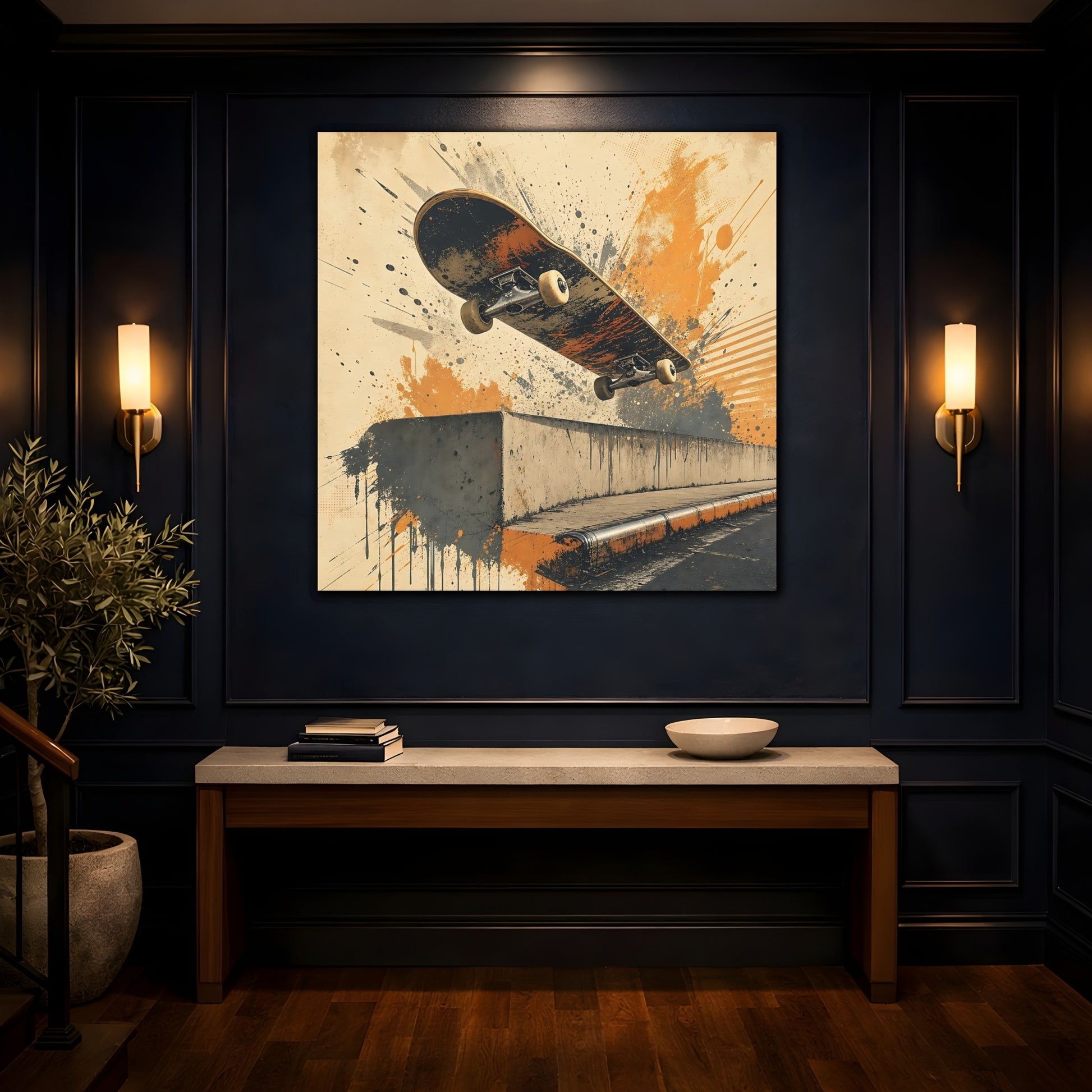 Mockup 4. Sports Skateboard Orange And Black shown as canvas print
