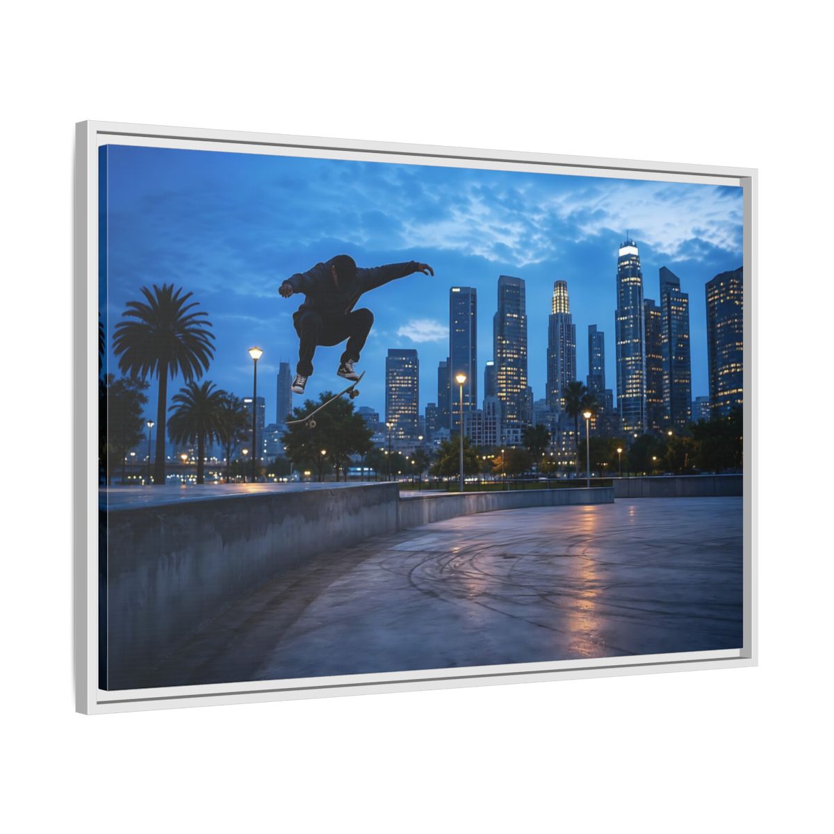 Side Mockup 9. Sports Skateboarder Blue City Skate shown as framed canvas print