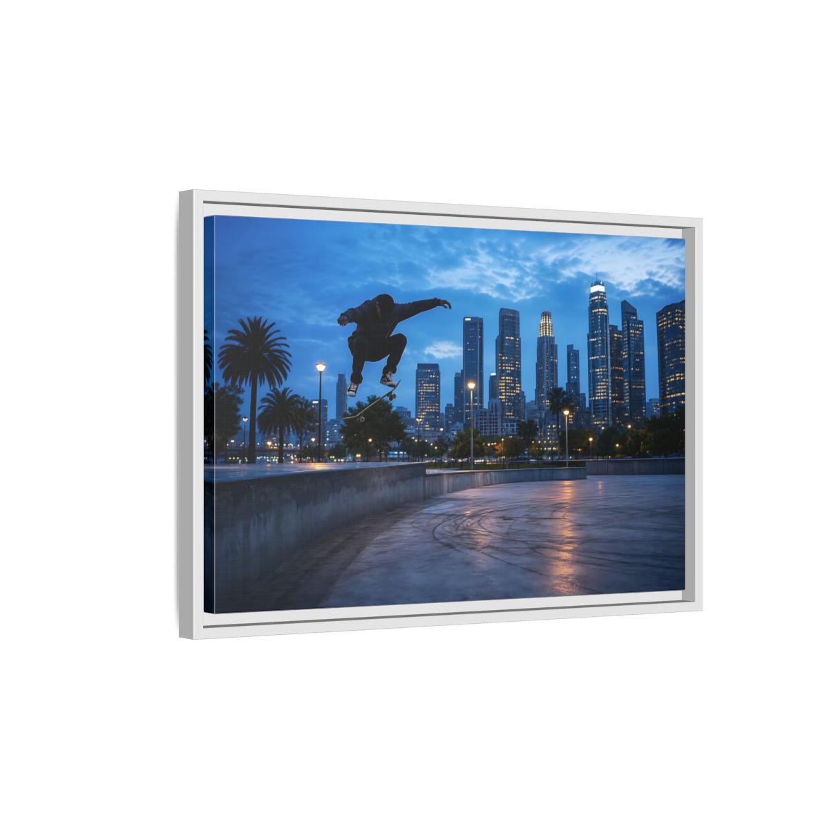 Side Mockup 1. Sports Skateboarder Blue City Skate shown as framed canvas print