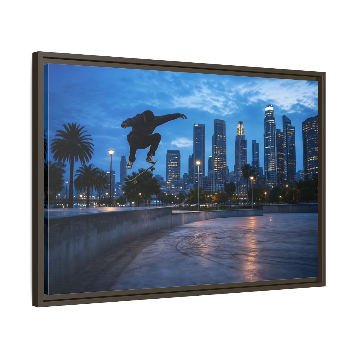 Side Mockup 11. Sports Skateboarder Blue City Skate shown as framed canvas print