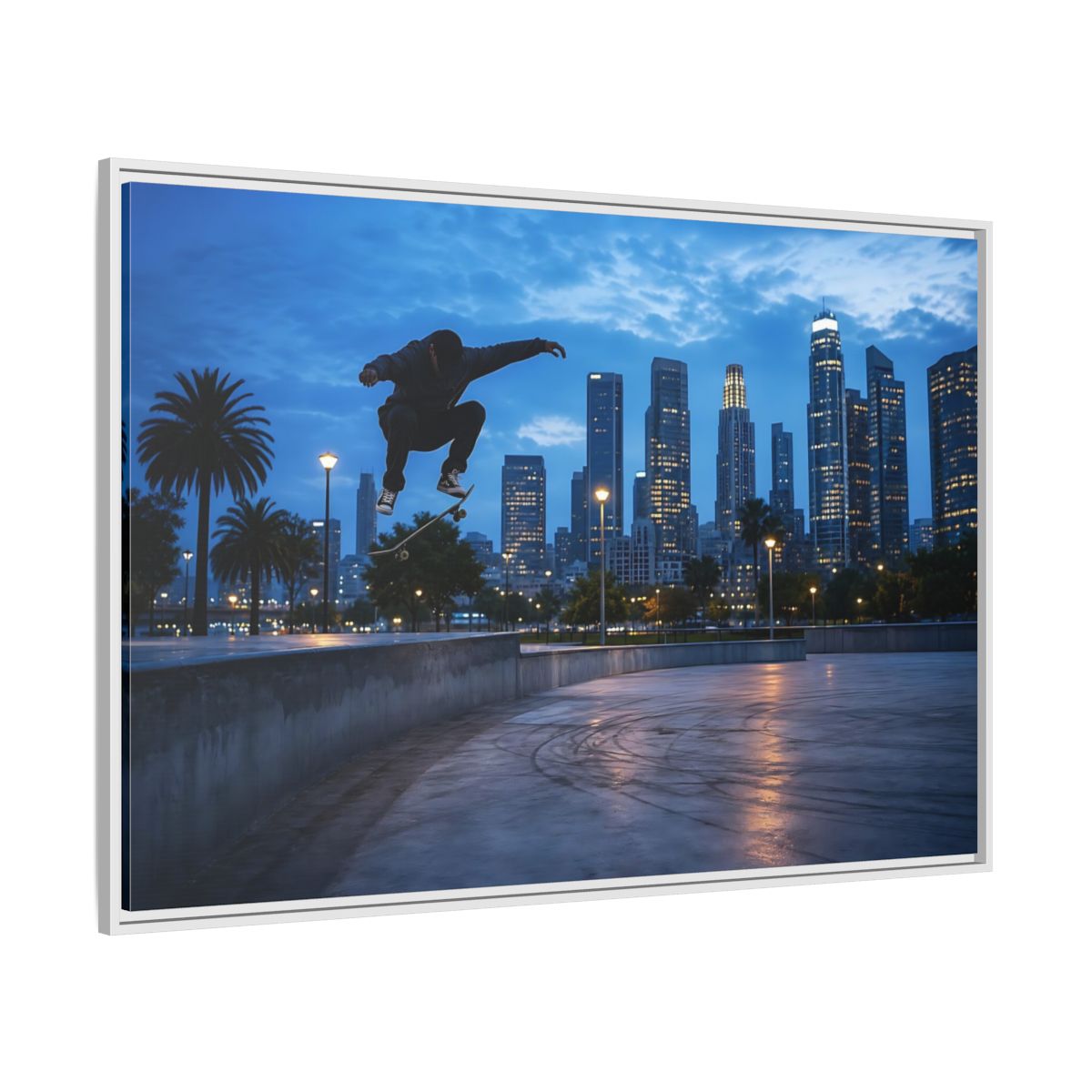 Side Mockup 7. Sports Skateboarder Blue City Skate shown as framed canvas print
