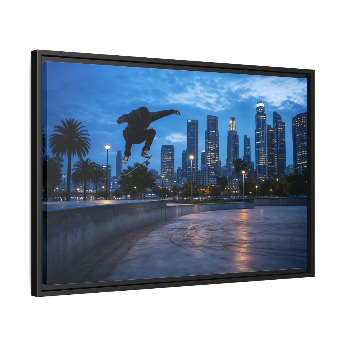 Side Mockup 14. Sports Skateboarder Blue City Skate shown as framed canvas print