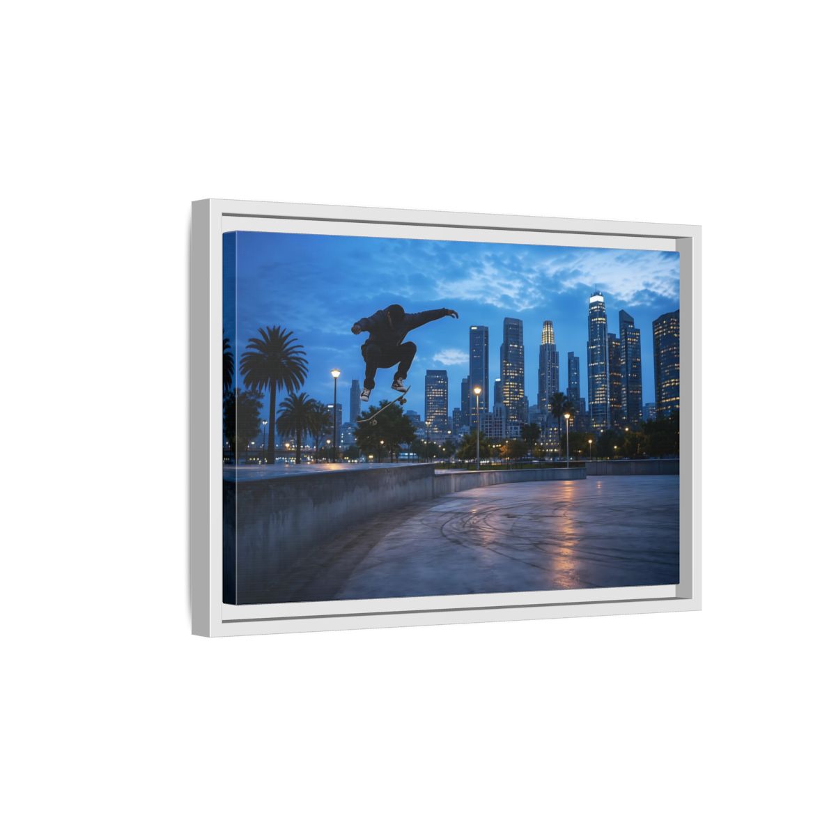 Side Mockup 4. Sports Skateboarder Blue City Skate shown as framed canvas print