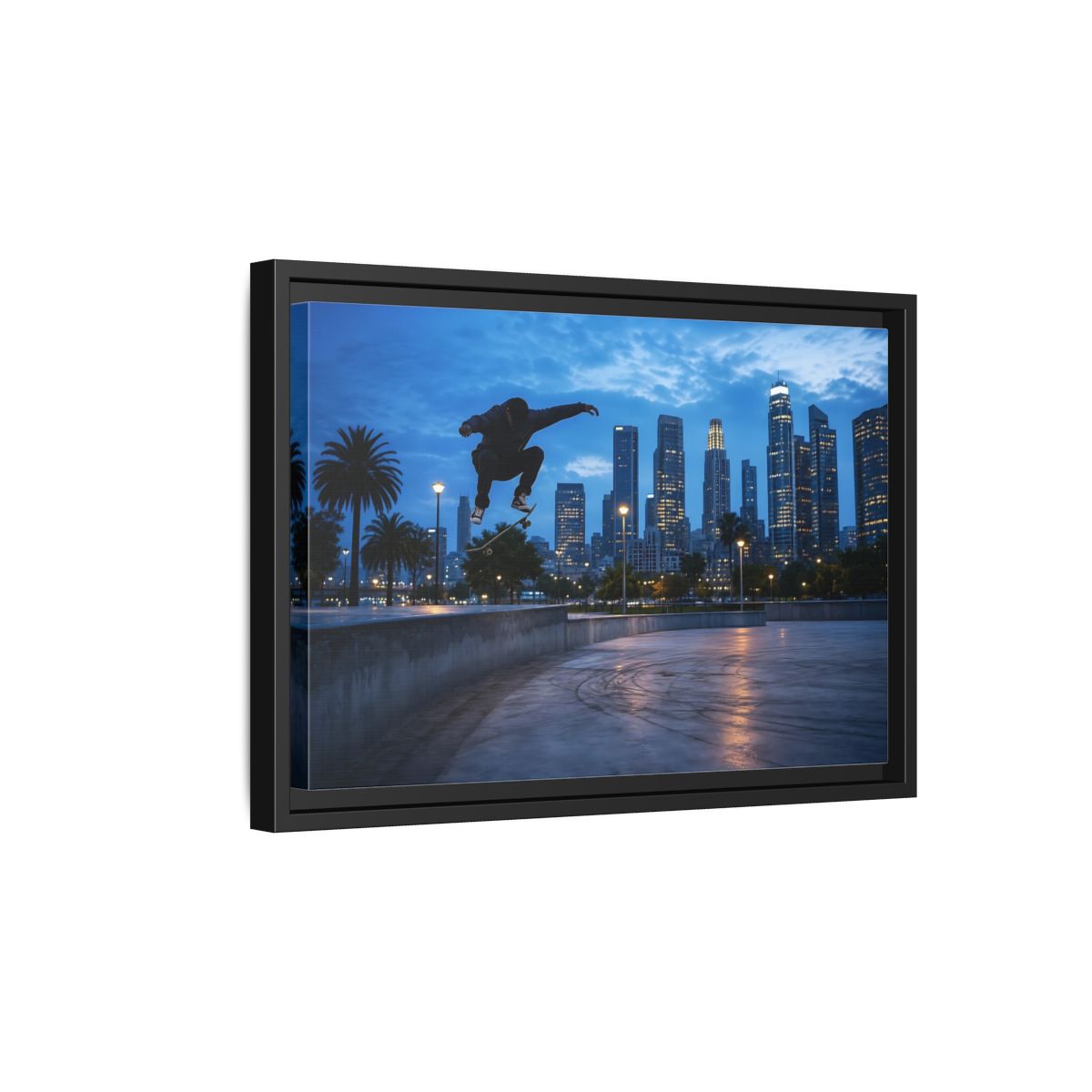 Side Mockup 6. Sports Skateboarder Blue City Skate shown as framed canvas print