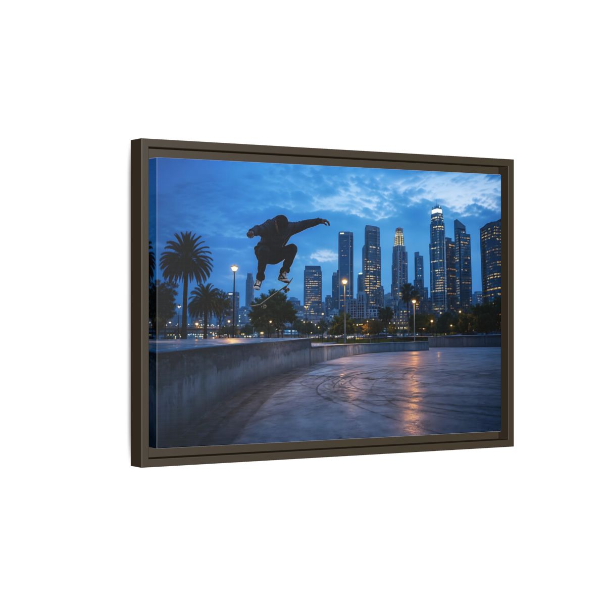Side Mockup 2. Sports Skateboarder Blue City Skate shown as framed canvas print