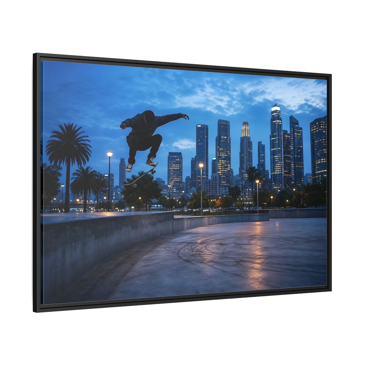 Side Mockup 12. Sports Skateboarder Blue City Skate shown as framed canvas print