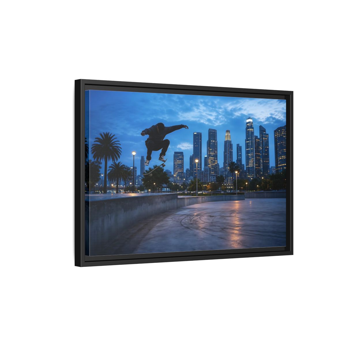 Side Mockup 3. Sports Skateboarder Blue City Skate shown as framed canvas print