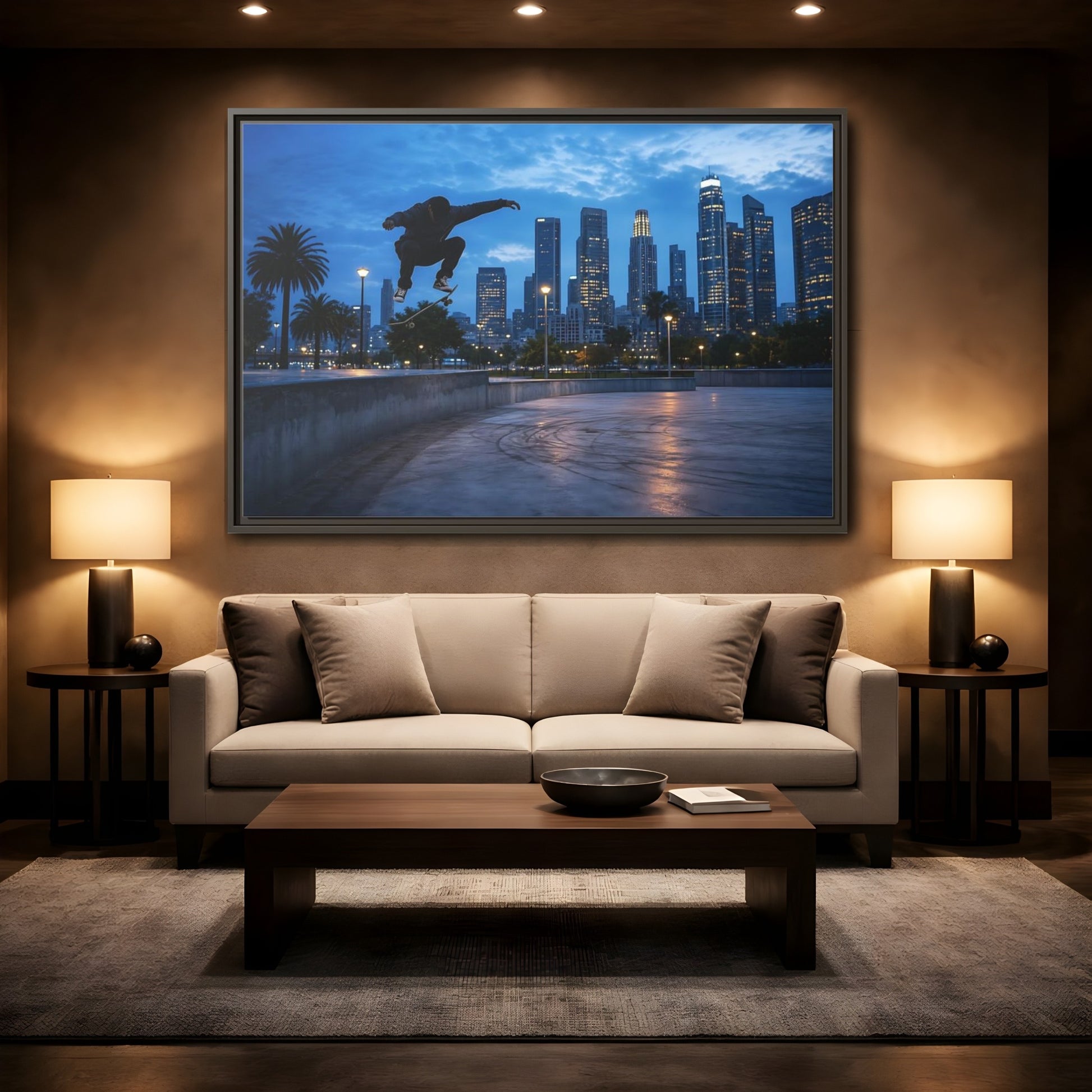Mockup 2. Sports Skateboarder Blue City Skate shown as framed canvas print