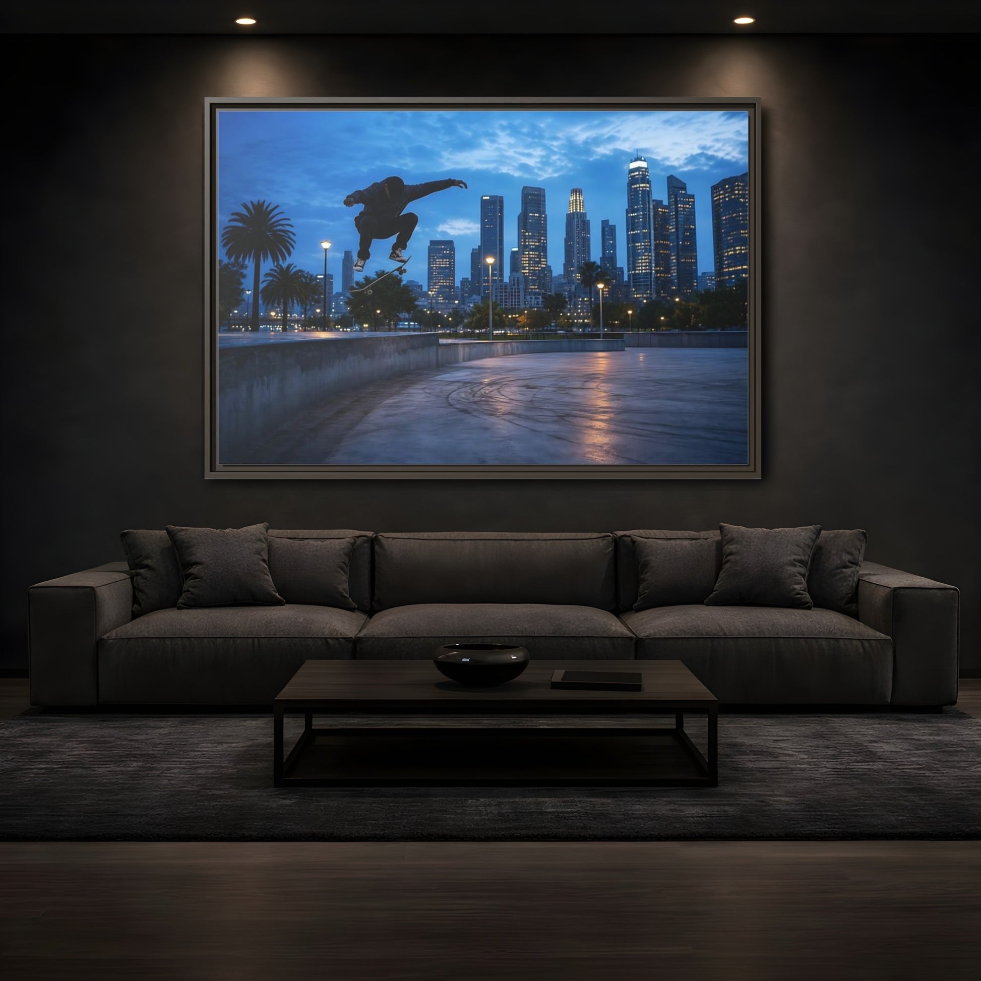 Mockup 3. Sports Skateboarder Blue City Skate shown as framed canvas print