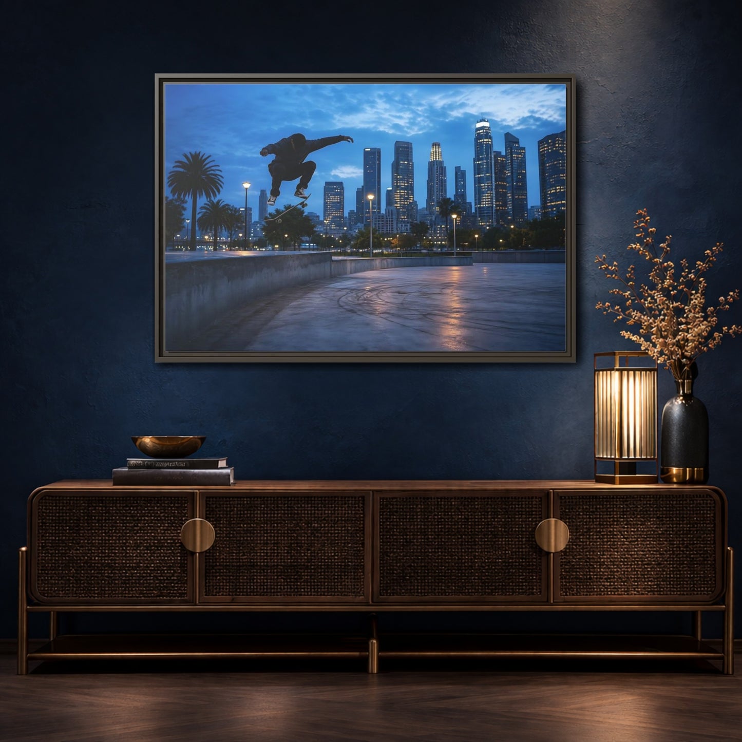 Mockup 4. Sports Skateboarder Blue City Skate shown as framed canvas print