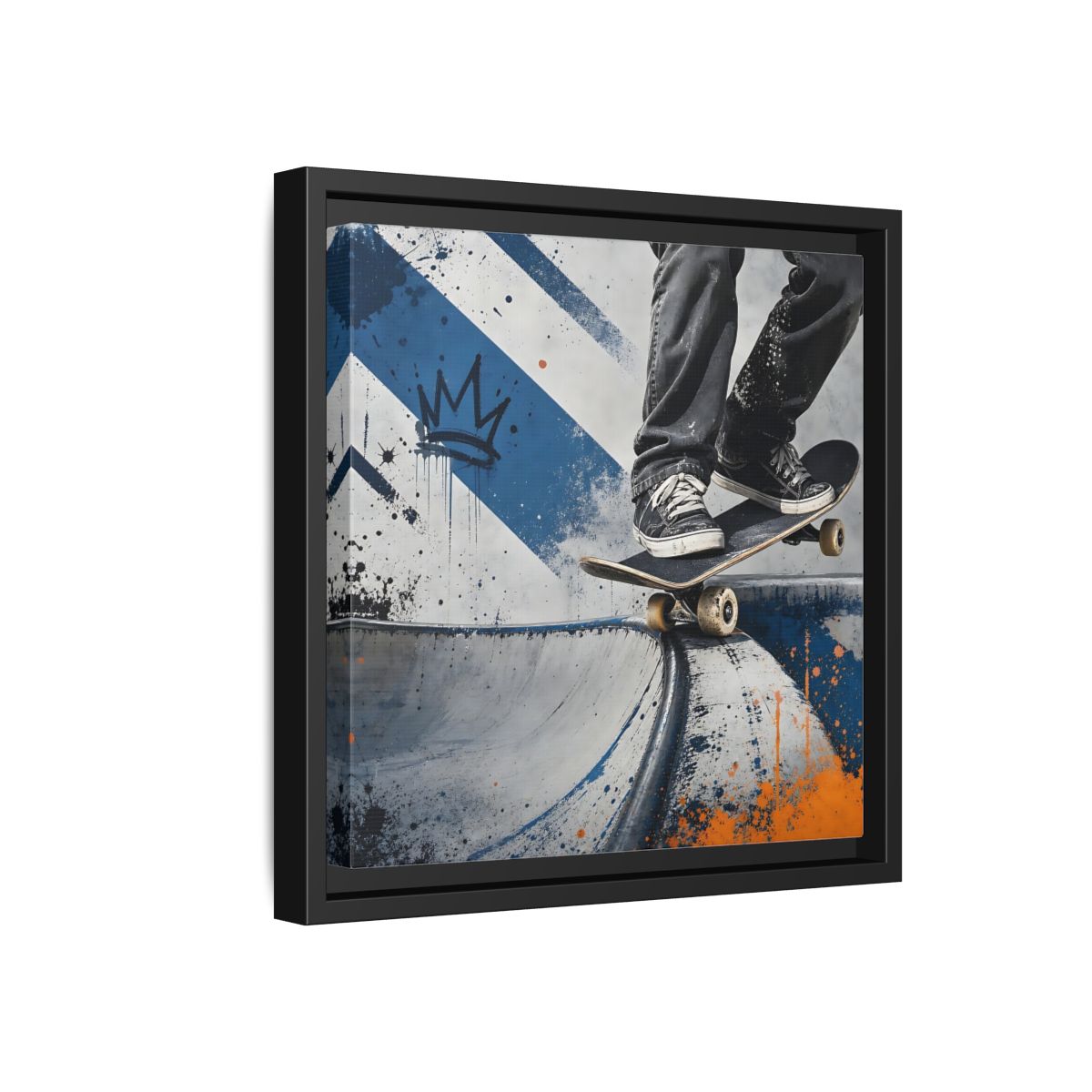 Side Mockup 18. Sports Skateboarder Skateboarder Blue Orange shown as framed canvas print