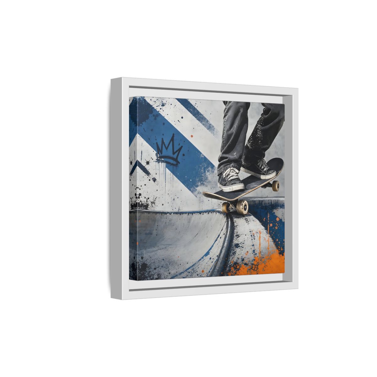 Side Mockup 19. Sports Skateboarder Skateboarder Blue Orange shown as framed canvas print