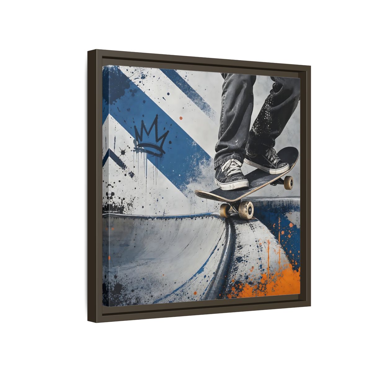 Side Mockup 14. Sports Skateboarder Skateboarder Blue Orange shown as framed canvas print