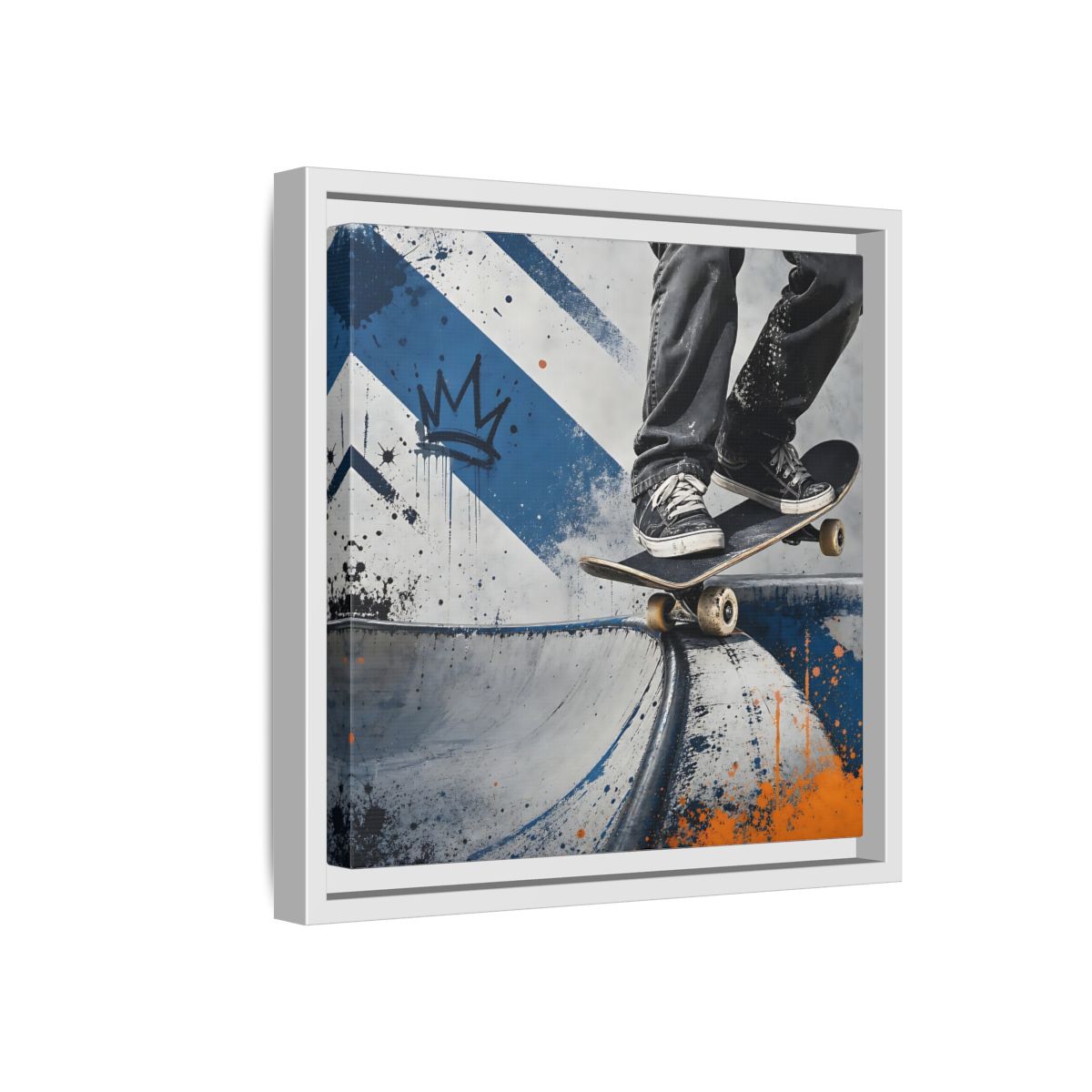 Side Mockup 16. Sports Skateboarder Skateboarder Blue Orange shown as framed canvas print