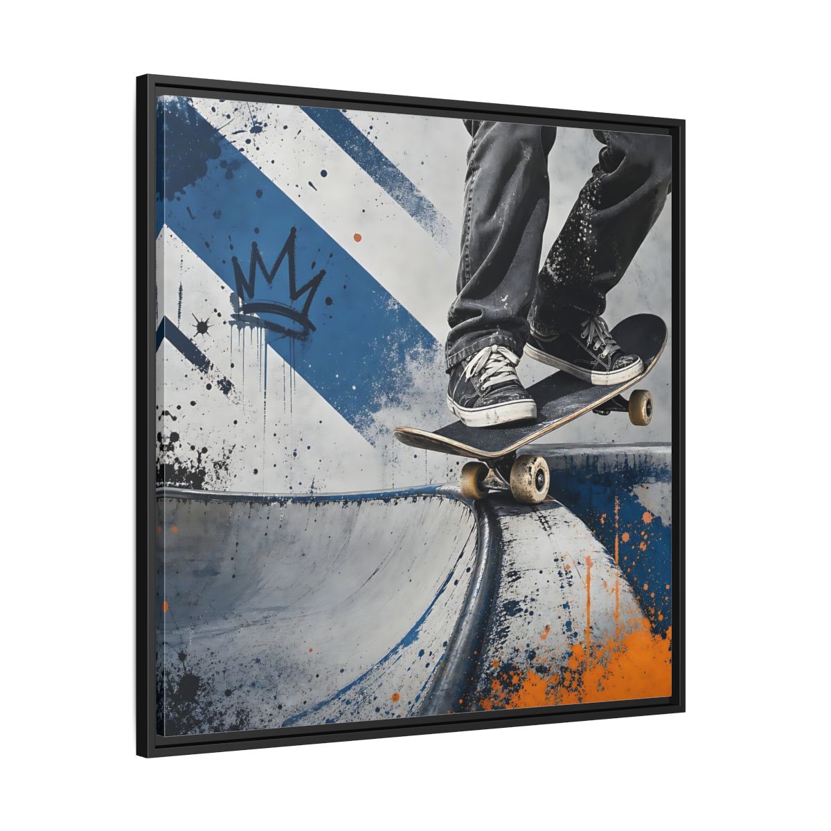 Side Mockup 30. Sports Skateboarder Skateboarder Blue Orange shown as framed canvas print