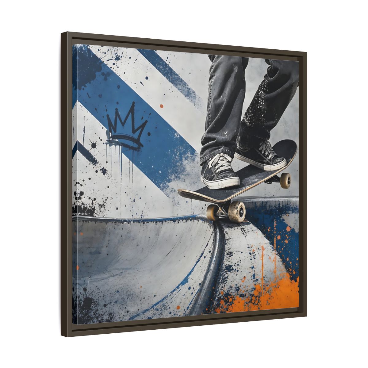 Side Mockup 27. Sports Skateboarder Skateboarder Blue Orange shown as framed canvas print