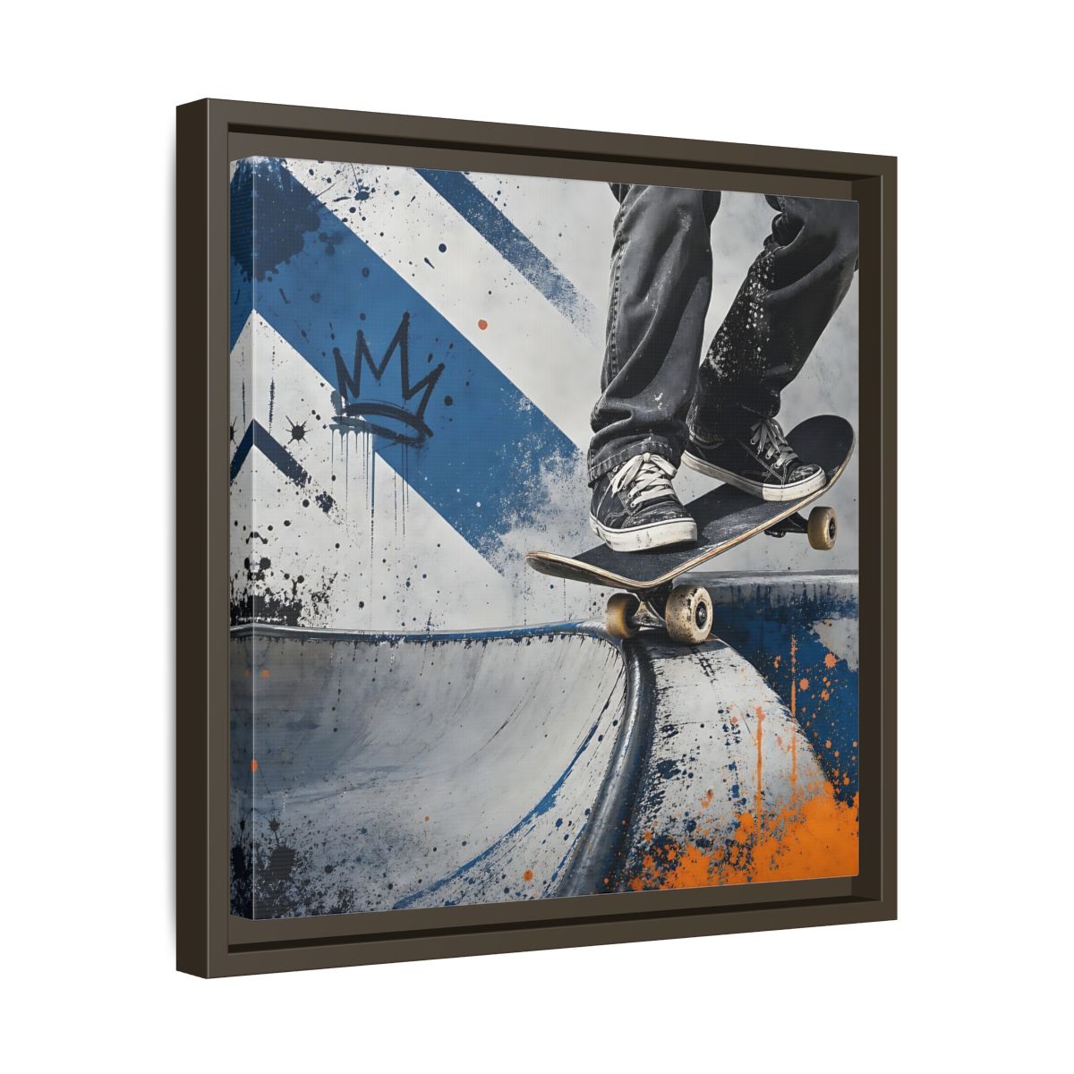 Side Mockup 29. Sports Skateboarder Skateboarder Blue Orange shown as framed canvas print