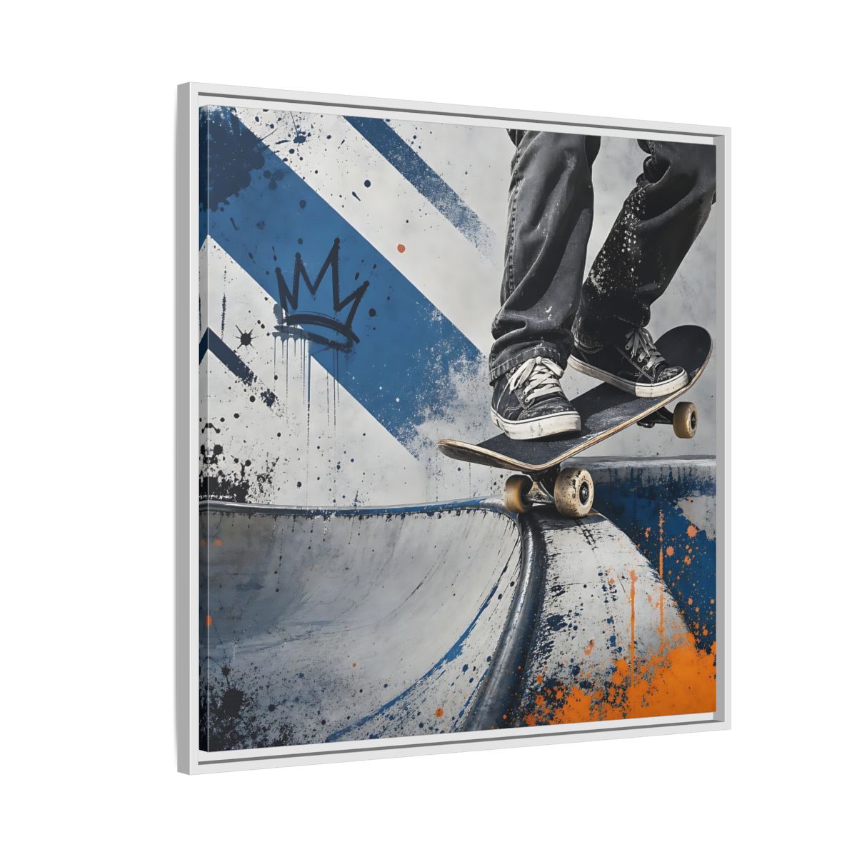 Side Mockup 7. Sports Skateboarder Skateboarder Blue Orange shown as framed canvas print
