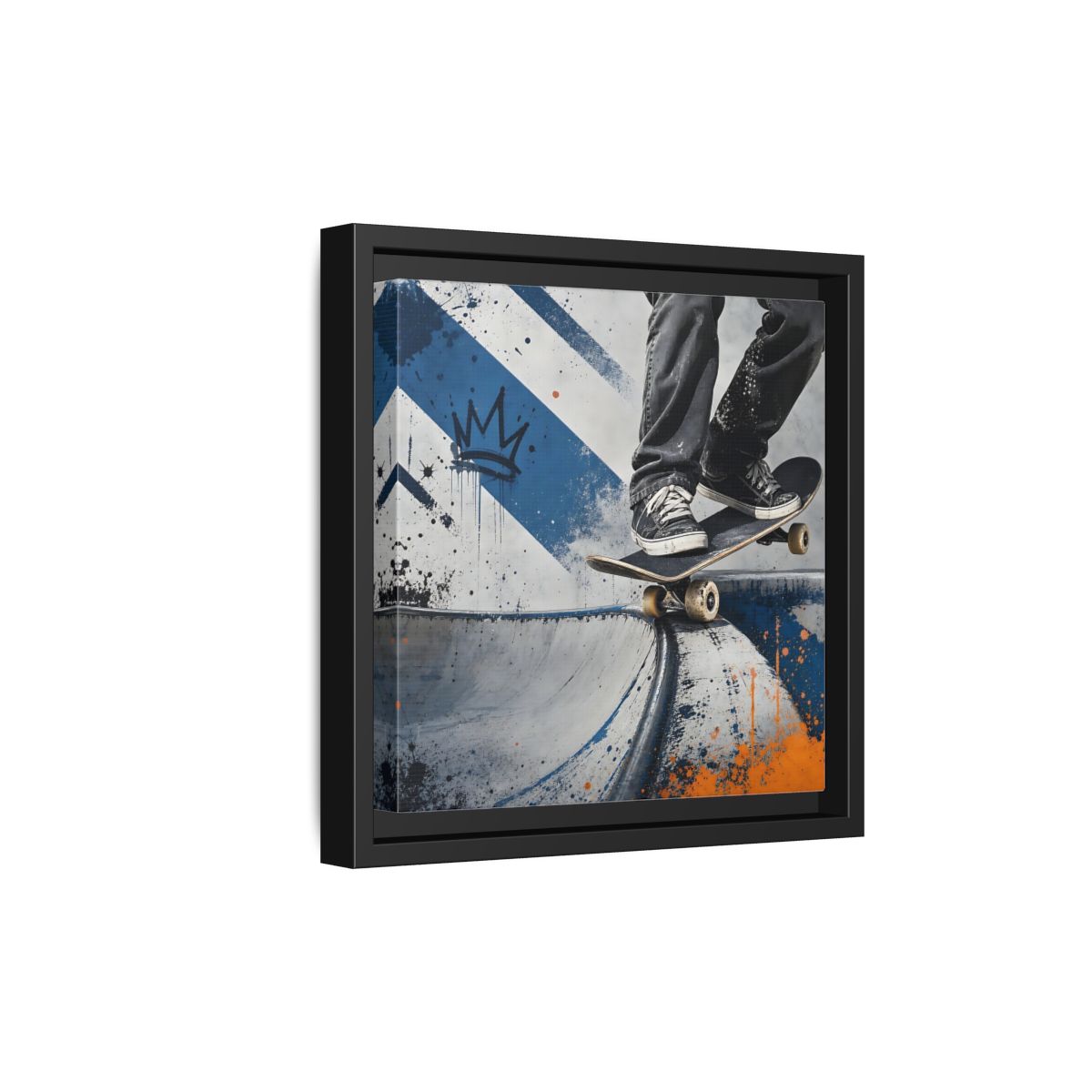 Side Mockup 21. Sports Skateboarder Skateboarder Blue Orange shown as framed canvas print