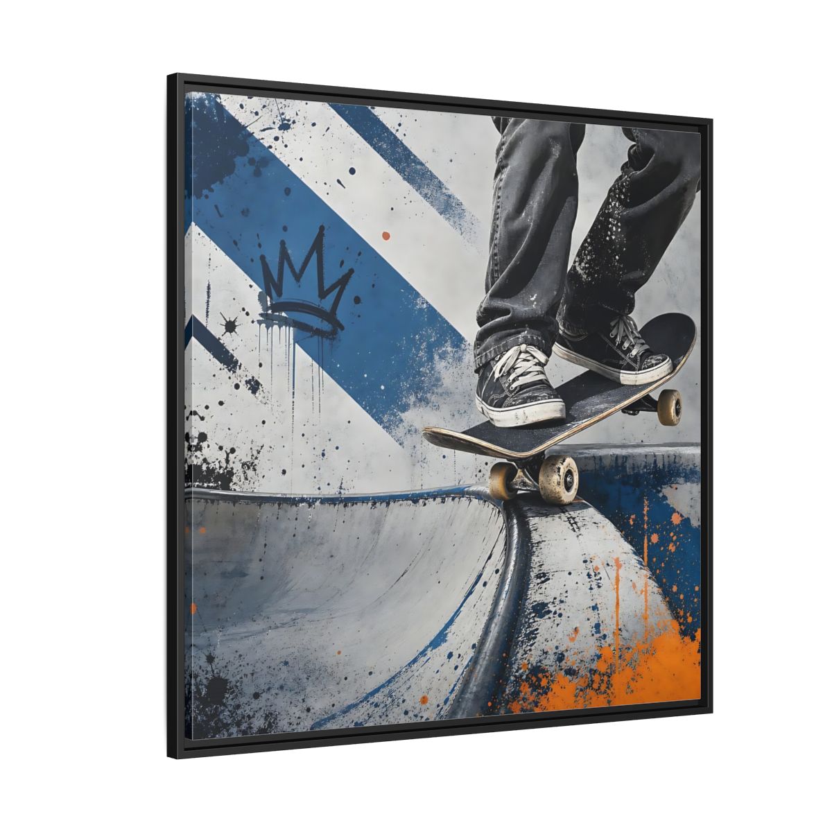 Side Mockup 6. Sports Skateboarder Skateboarder Blue Orange shown as framed canvas print