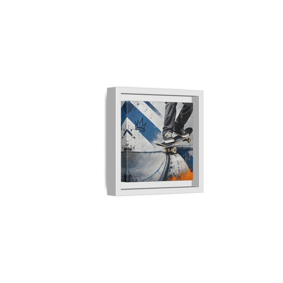 Side Mockup 22. Sports Skateboarder Skateboarder Blue Orange shown as framed canvas print