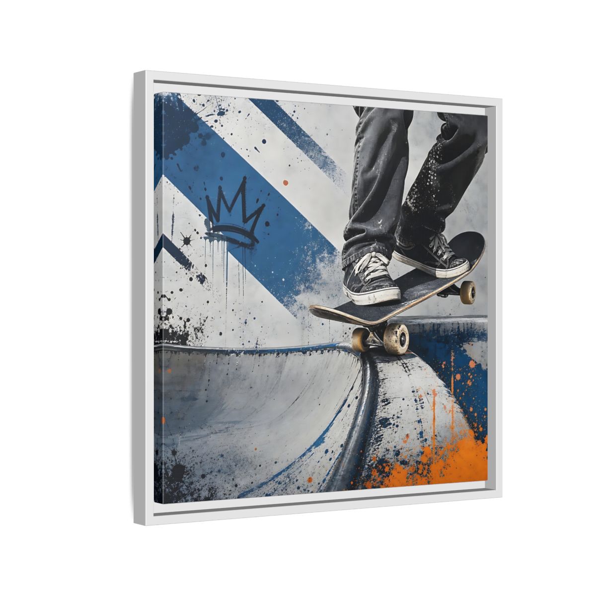 Side Mockup 10. Sports Skateboarder Skateboarder Blue Orange shown as framed canvas print