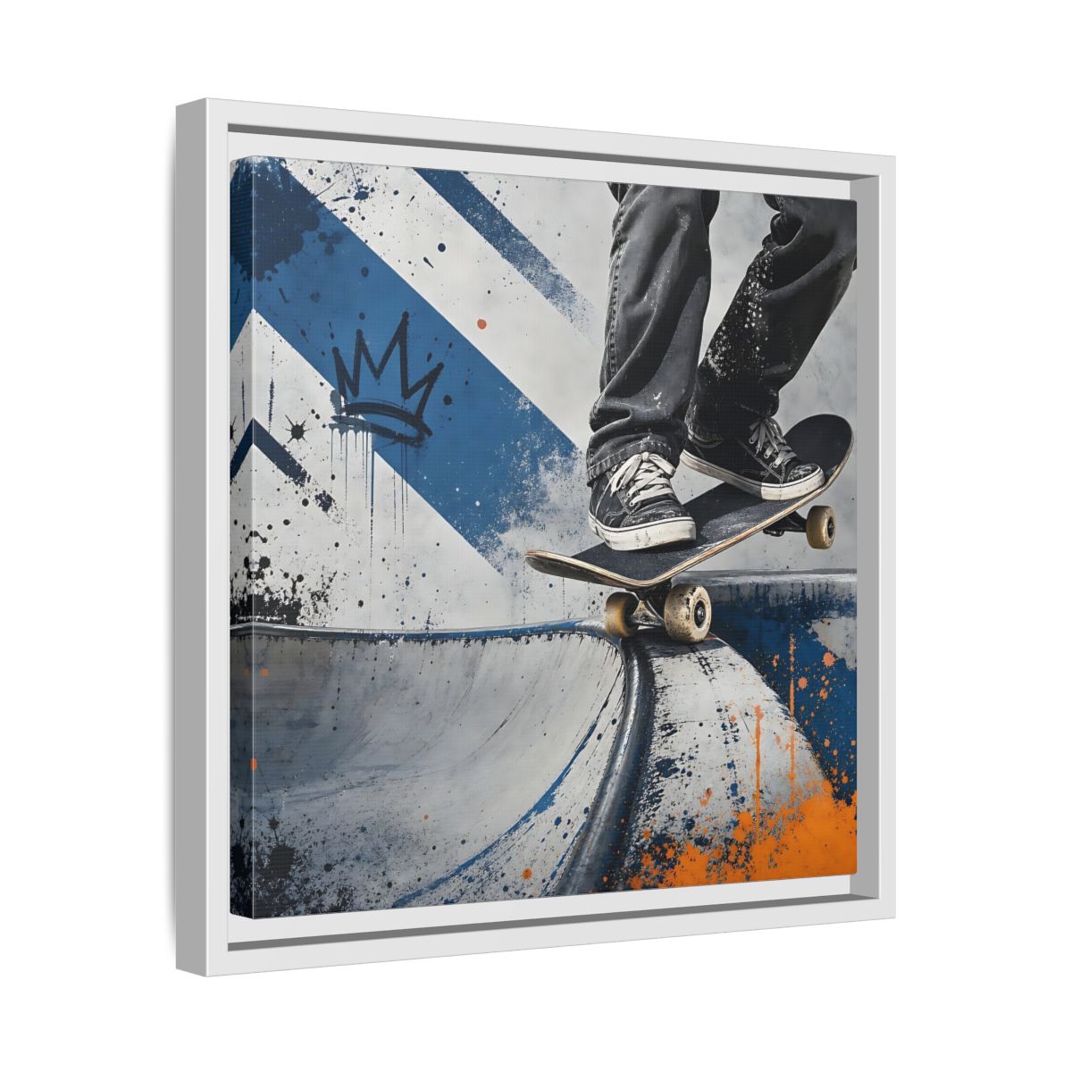 Side Mockup 28. Sports Skateboarder Skateboarder Blue Orange shown as framed canvas print