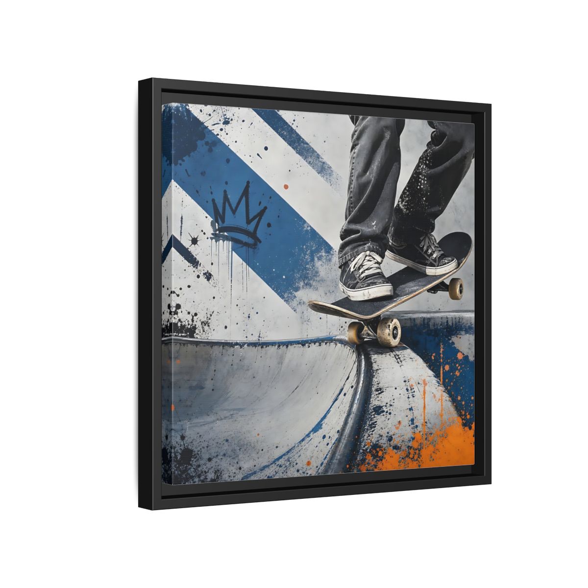 Side Mockup 15. Sports Skateboarder Skateboarder Blue Orange shown as framed canvas print