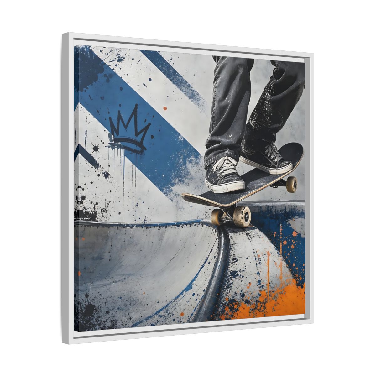 Side Mockup 26. Sports Skateboarder Skateboarder Blue Orange shown as framed canvas print