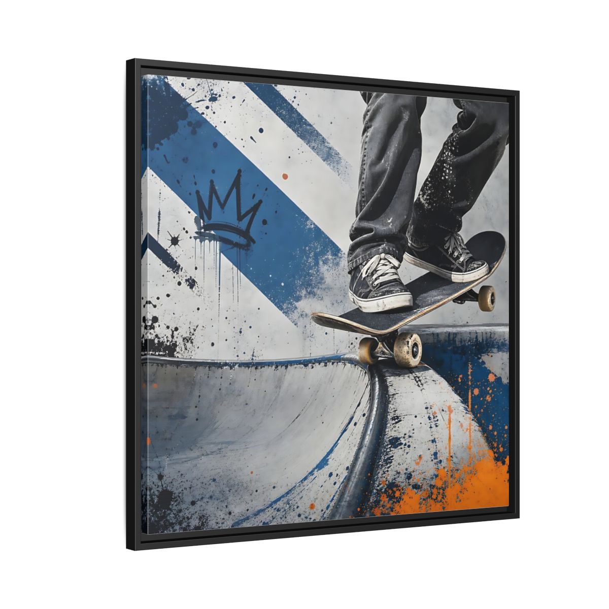 Side Mockup 9. Sports Skateboarder Skateboarder Blue Orange shown as framed canvas print